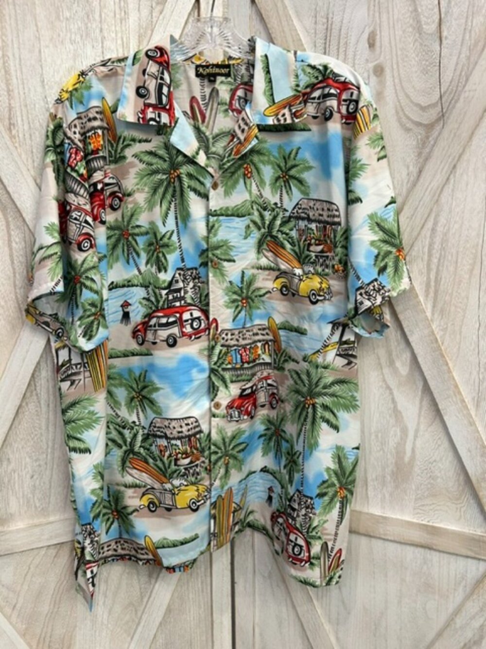Kohinoor Hawaiian Shirt XL Tropical Cars Surfboards Palm Trees